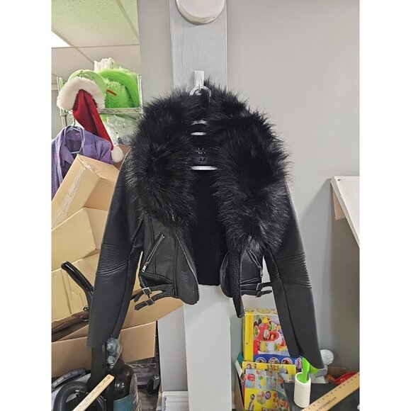 LA Coal Womens Size S Black Faux Leather MOTO Jacket Removable Faux Fur Collar - Picture 1 of 11